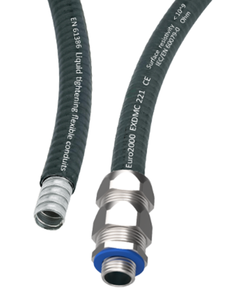 Ex-DMC Conduit of Euro2000 with Anti-Static Coating on the outer PVC Layer, connected to a RPM-N fitting.